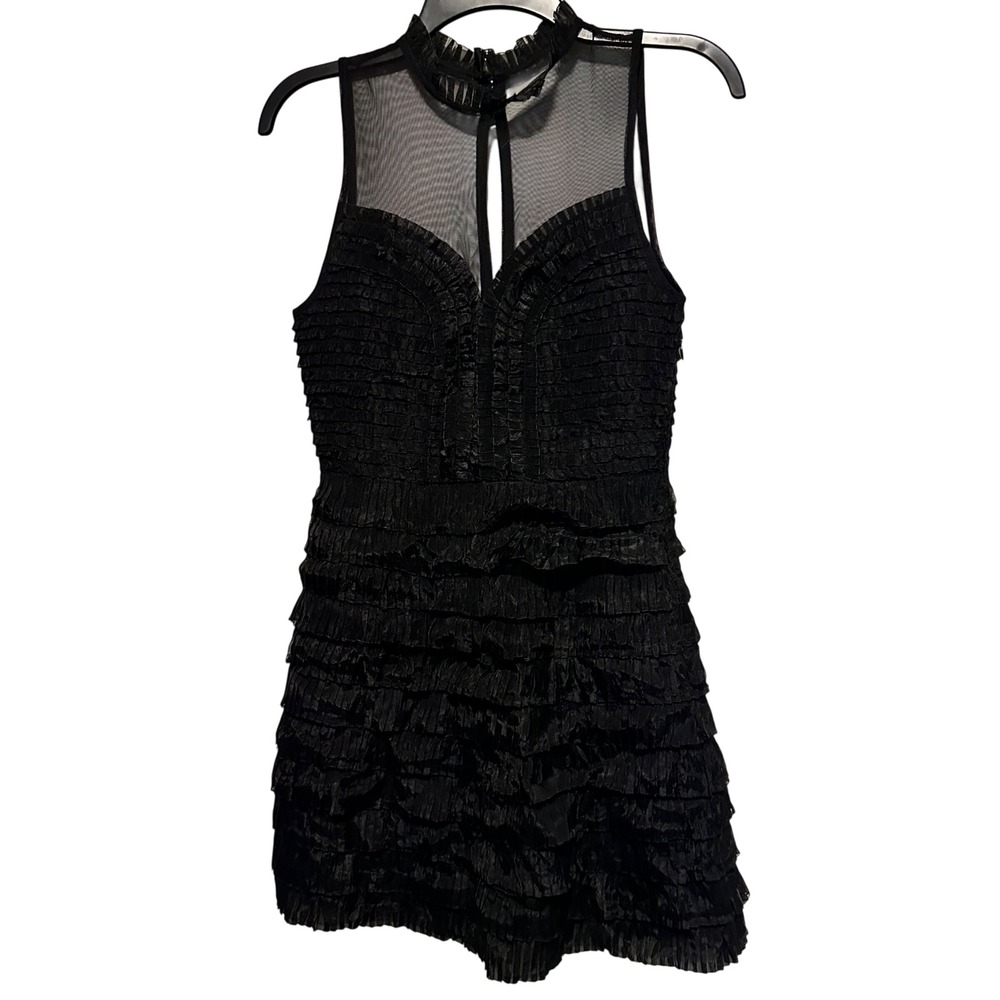 Free People Black Tiered Ruffle Mini Dress Sheerā Mesh High Neck Sz 0 Sleeveless